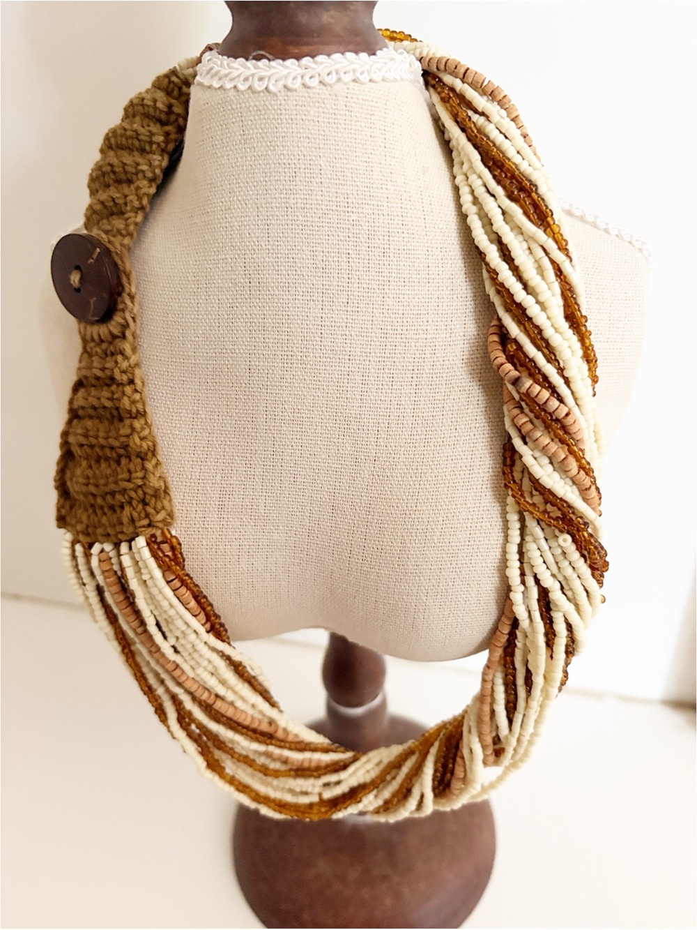 Vintage macrame accented multi stand beaded necklace